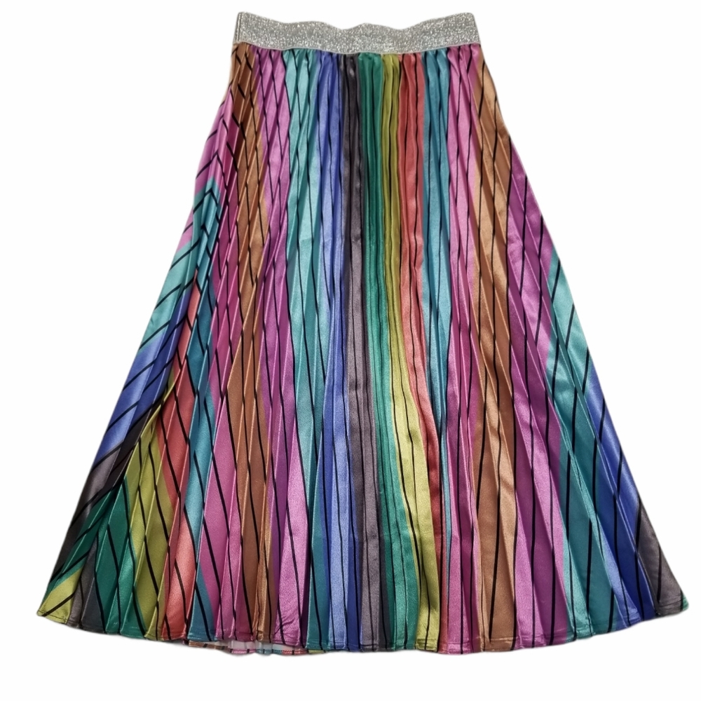 {Athina} Pleated Metallic Stripe 🌈 Rainbow Skirt